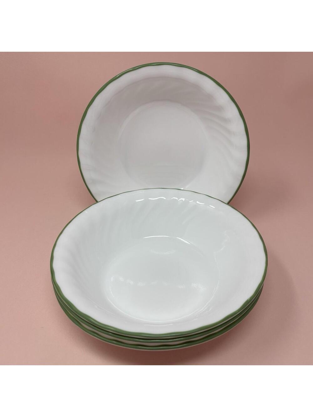 VTG Corelle CHUTNEY Bowls Cereal Soup Salad Bowl Green Trim Swirl Edge Set of 4